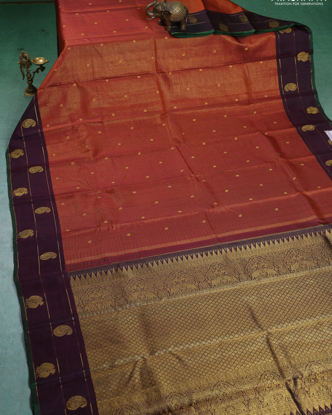 Pure kanchipuram silk saree rustic orange and deep wine with allover small zari checked pattern and annam zari woven butta border