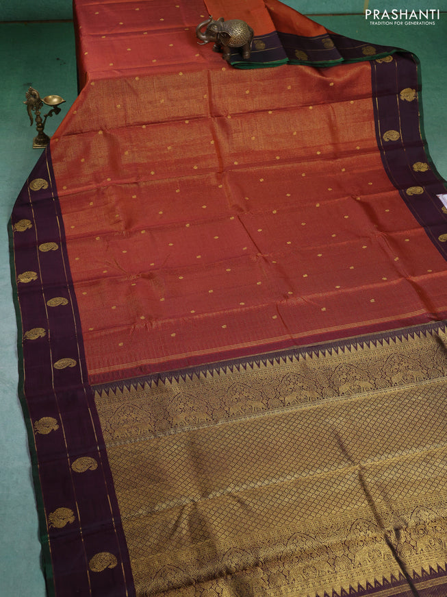 Pure kanchipuram silk saree rustic orange and deep wine with allover small zari checked pattern and annam zari woven butta border