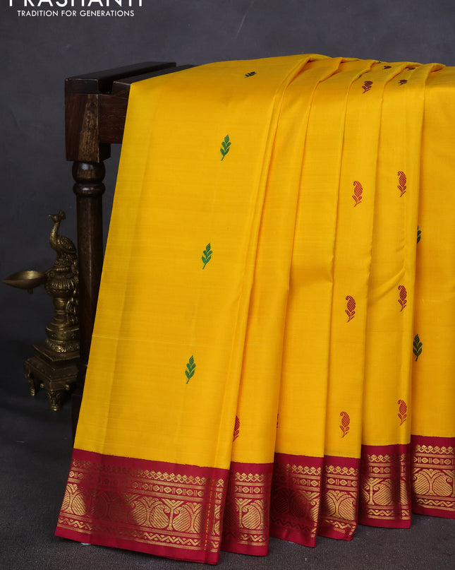 Pure kanchipuram silk saree mango yellow and maroon with thread woven buttas and zari woven border