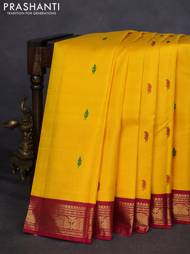 Pure kanchipuram silk saree mango yellow and maroon with thread woven buttas and zari woven border