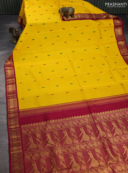 Pure kanchipuram silk saree mango yellow and maroon with thread woven buttas and zari woven border