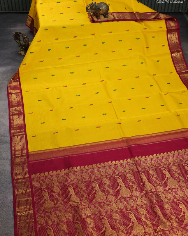 Pure kanchipuram silk saree mango yellow and maroon with thread woven buttas and zari woven border