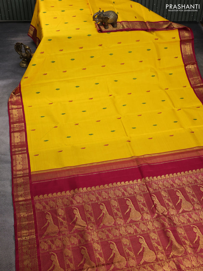 Pure kanchipuram silk saree mango yellow and maroon with thread woven buttas and zari woven border