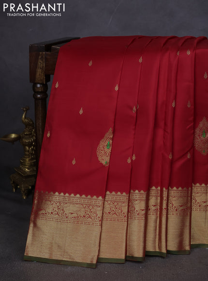 Pure kanchipuram silk saree red and green with zari woven buttas and ari woven border