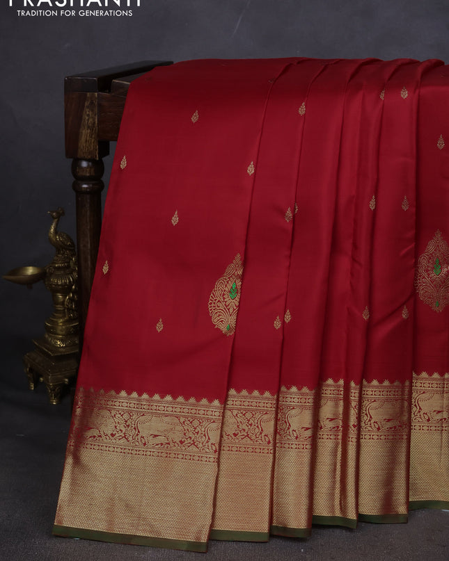 Pure kanchipuram silk saree red and green with zari woven buttas and ari woven border