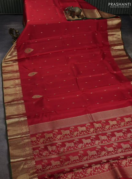 Pure kanchipuram silk saree red and green with zari woven buttas and ari woven border