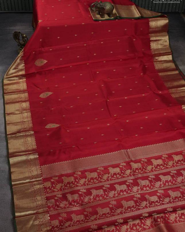 Pure kanchipuram silk saree red and green with zari woven buttas and ari woven border