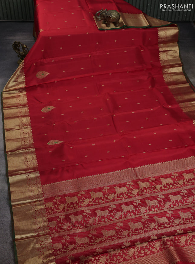 Pure kanchipuram silk saree red and green with zari woven buttas and ari woven border
