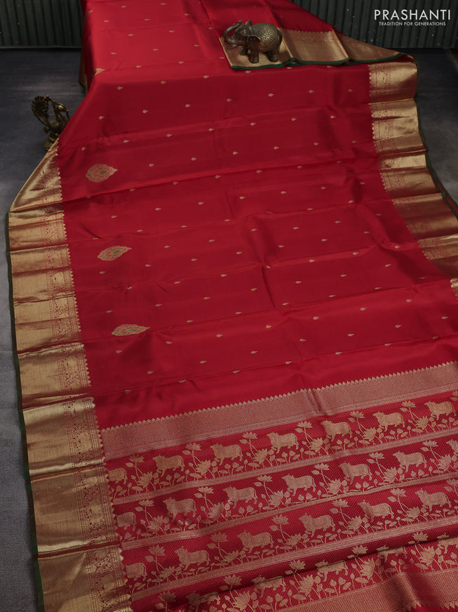Pure kanchipuram silk saree red and green with zari woven buttas and ari woven border