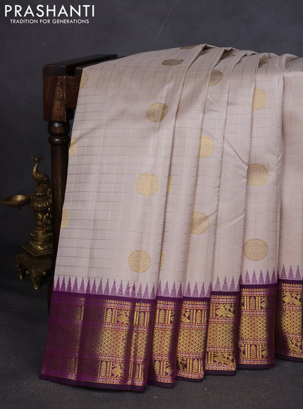 Pure kanchipuram silk saree grey and deep purple with allover zari checks & buttas and zari woven korvai border