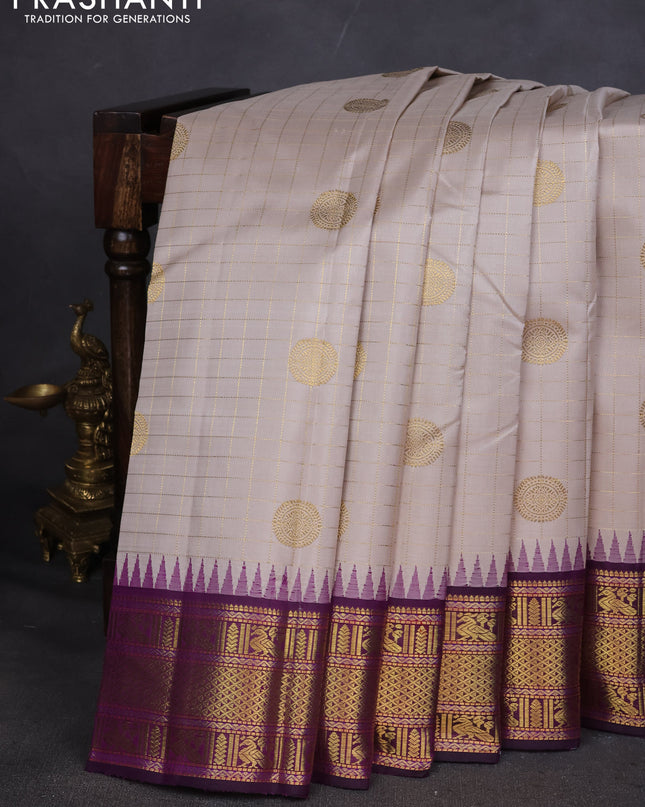 Pure kanchipuram silk saree grey and deep purple with allover zari checks & buttas and zari woven korvai border