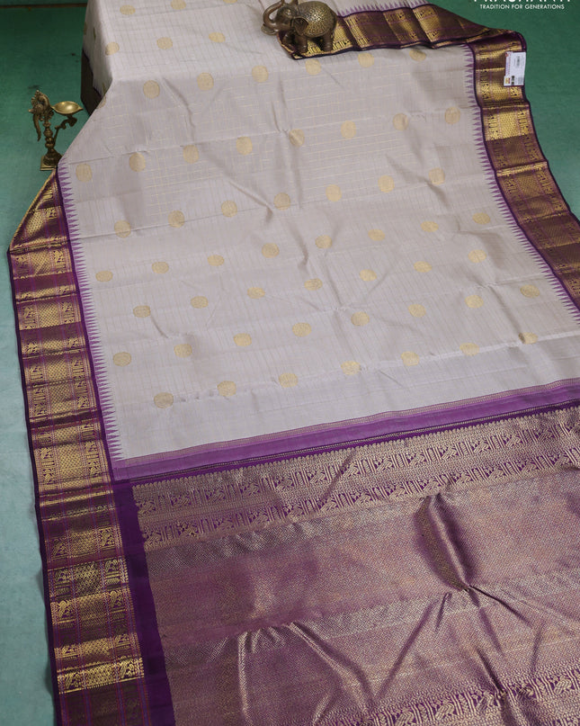 Pure kanchipuram silk saree grey and deep purple with allover zari checks & buttas and zari woven korvai border