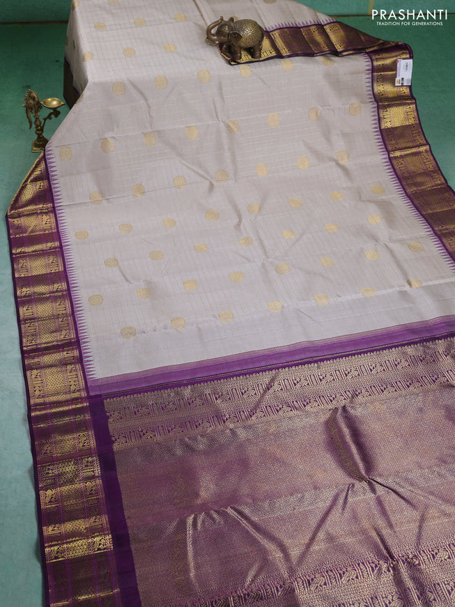 Pure kanchipuram silk saree grey and deep purple with allover zari checks & buttas and zari woven korvai border