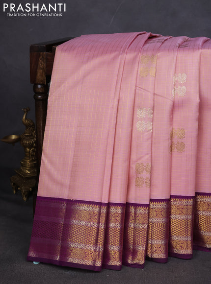 Pure kanchipuram silk saree light pink and purple with allover zari checks & buttas and zari woven korvai border