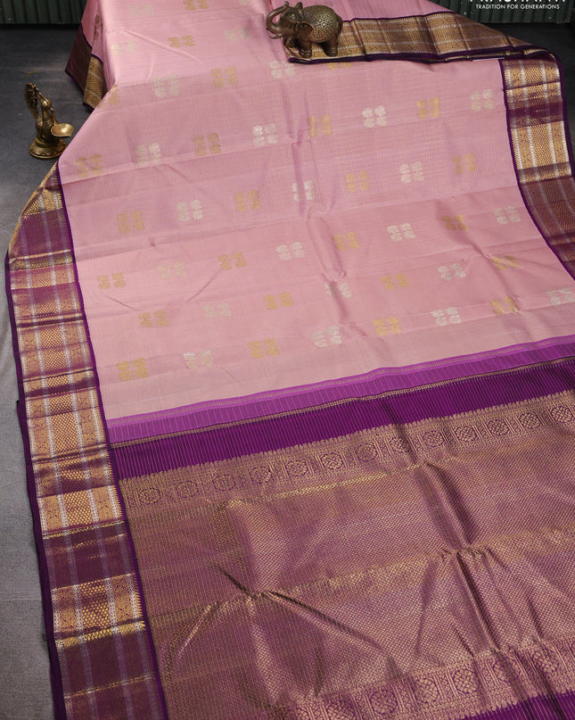Pure kanchipuram silk saree light pink and purple with allover zari checks & buttas and zari woven korvai border