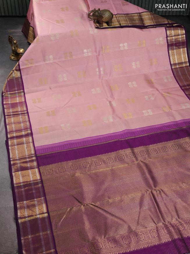 Pure kanchipuram silk saree light pink and purple with allover zari checks & buttas and zari woven korvai border