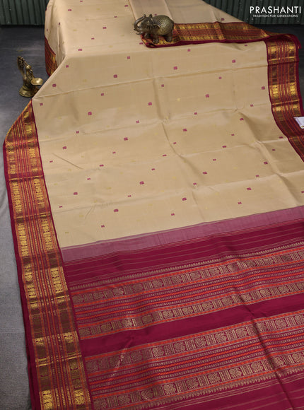 Pure kanchipuram silk saree sandal and maroon with thread woven buttas and zari woven korvai border