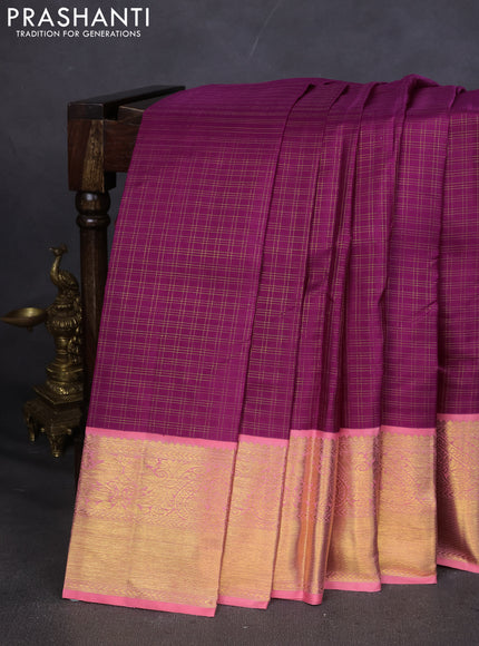 Pure kanchipuram silk saree purple and peach pink with allover zari checks and zari woven korvai border