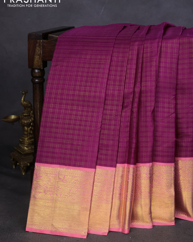 Pure kanchipuram silk saree purple and peach pink with allover zari checks and zari woven korvai border