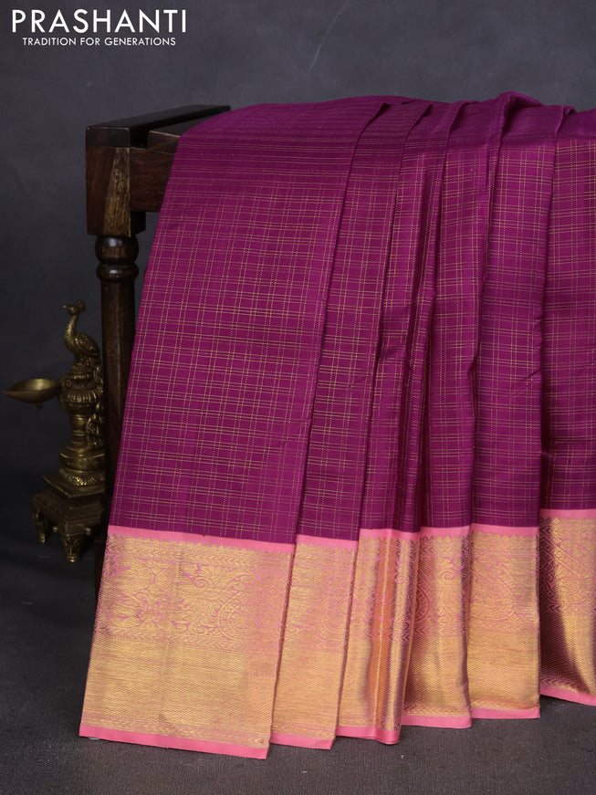 Pure kanchipuram silk saree purple and peach pink with allover zari checks and zari woven korvai border