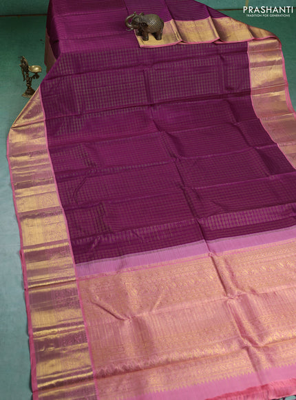 Pure kanchipuram silk saree purple and peach pink with allover zari checks and zari woven korvai border