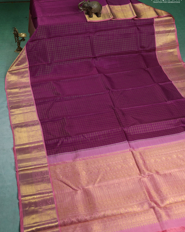 Pure kanchipuram silk saree purple and peach pink with allover zari checks and zari woven korvai border