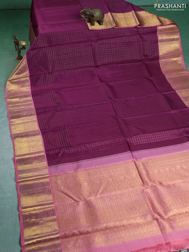 Pure kanchipuram silk saree purple and peach pink with allover zari checks and zari woven korvai border