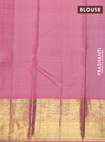 Pure kanchipuram silk saree purple and peach pink with allover zari checks and zari woven korvai border