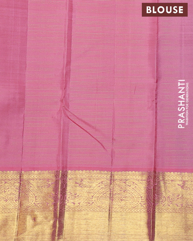 Pure kanchipuram silk saree purple and peach pink with allover zari checks and zari woven korvai border