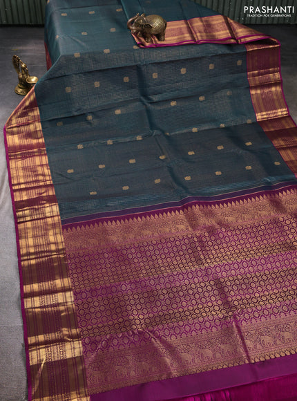 Pure kanchipuram silk saree peacock green and purple with allover zari checks and zari woven border