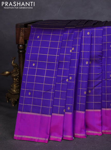 Pure kanchipuram silk saree blue and purple with allover zari checks & buttas and rettapet zari woven border