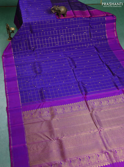 Pure kanchipuram silk saree blue and purple with allover zari checks & buttas and rettapet zari woven border