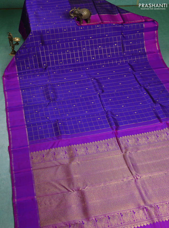 Pure kanchipuram silk saree blue and purple with allover zari checks & buttas and rettapet zari woven border