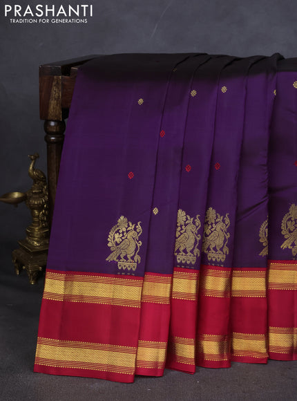 Pure kanchipuram silk saree deep purple and maroon with zari woven buttas and rettapet zari woven border