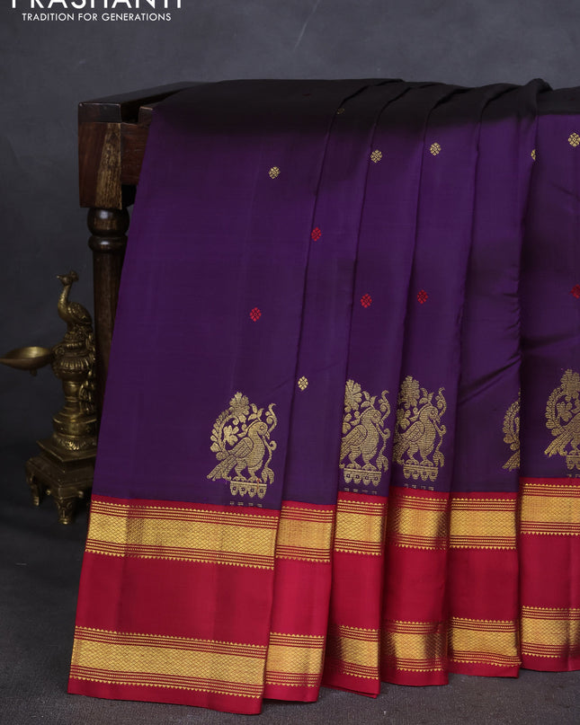 Pure kanchipuram silk saree deep purple and maroon with zari woven buttas and rettapet zari woven border