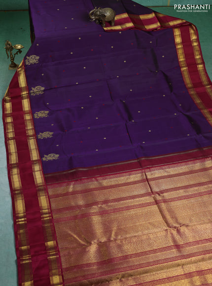 Pure kanchipuram silk saree deep purple and maroon with zari woven buttas and rettapet zari woven border