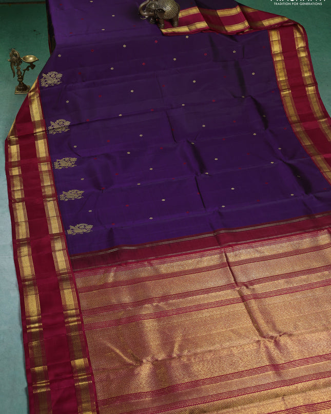 Pure kanchipuram silk saree deep purple and maroon with zari woven buttas and rettapet zari woven border