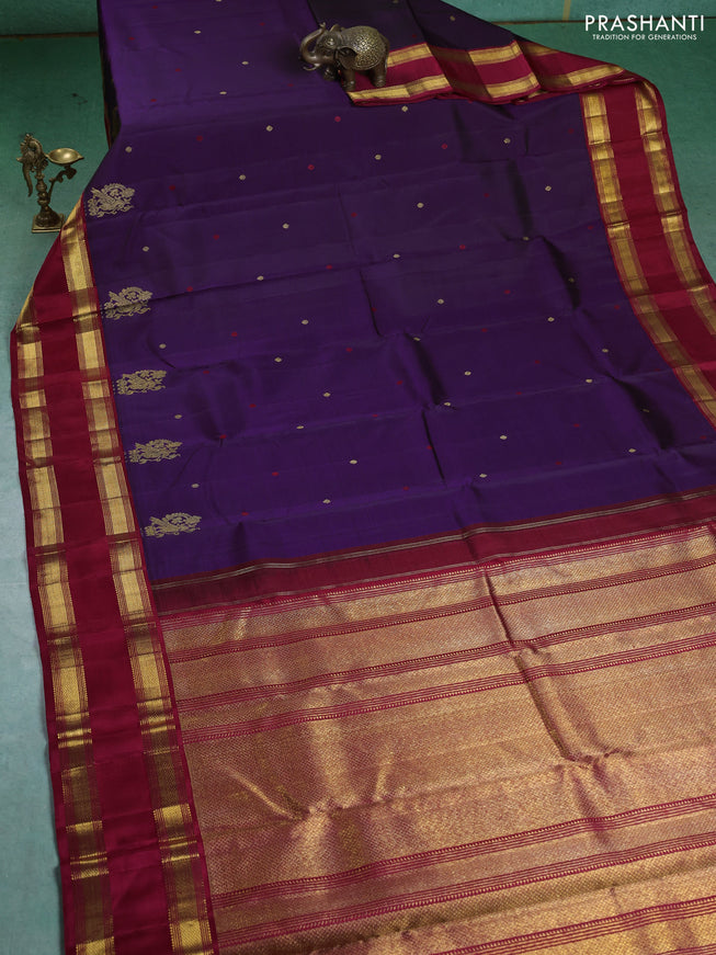 Pure kanchipuram silk saree deep purple and maroon with zari woven buttas and rettapet zari woven border