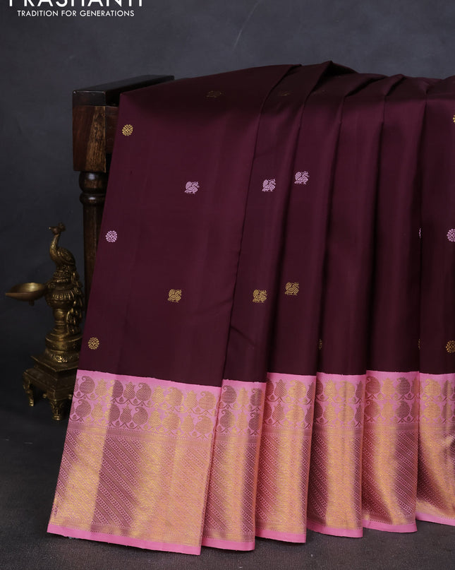 Pure kanchipuram silk saree deep maroon and light pink with zari woven buttas and zari woven korvai border