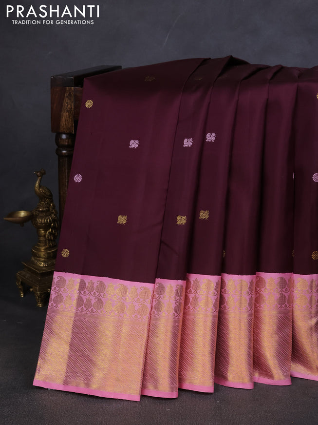 Pure kanchipuram silk saree deep maroon and light pink with zari woven buttas and zari woven korvai border