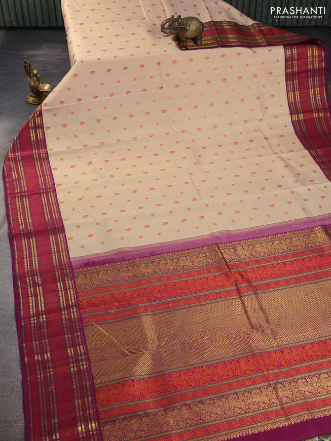 Pure kanchipuram silk saree sandal and purple with thread woven buttas and zari woven border