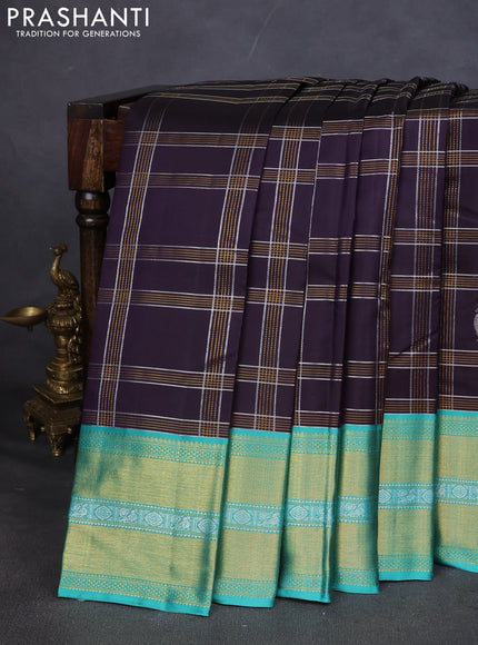Pure kanchipuram silk saree deep jamun and teal green with allover zari checks & silver buttas and zari woven border
