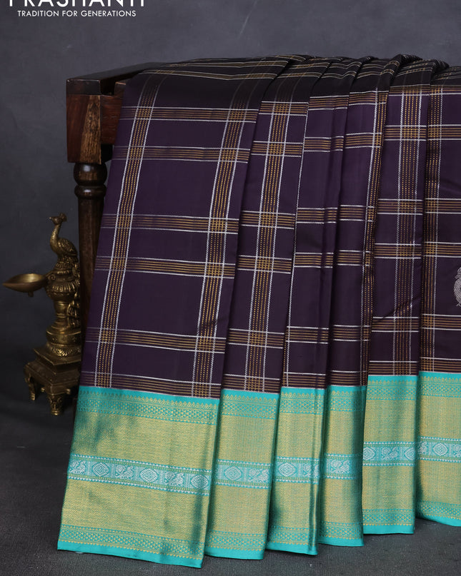 Pure kanchipuram silk saree deep jamun and teal green with allover zari checks & silver buttas and zari woven border