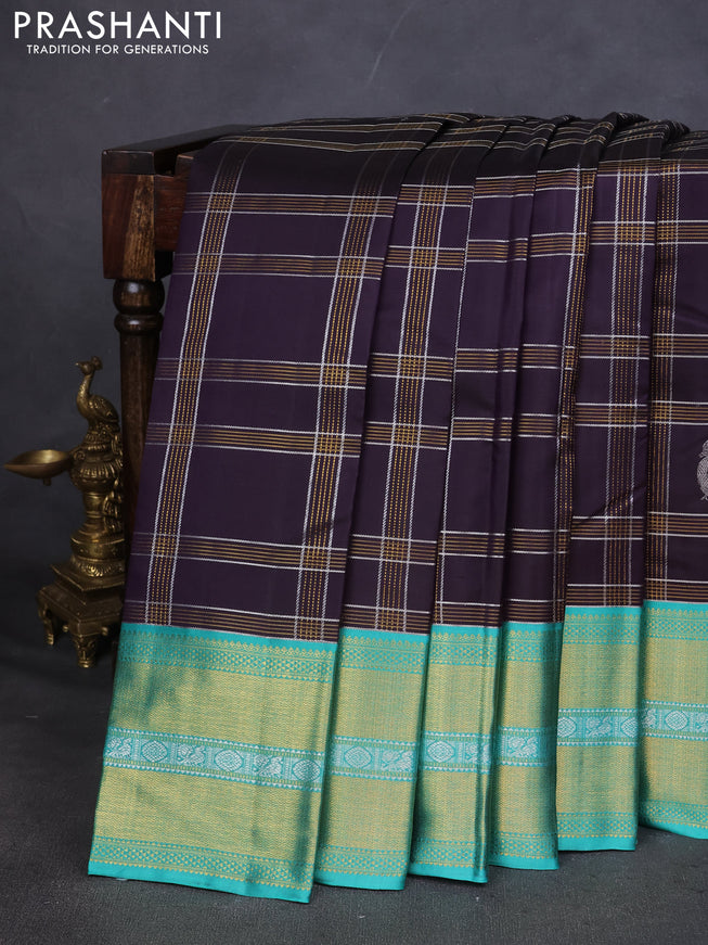 Pure kanchipuram silk saree deep jamun and teal green with allover zari checks & silver buttas and zari woven border