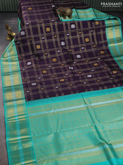 Pure kanchipuram silk saree deep jamun and teal green with allover zari checks & silver buttas and zari woven border