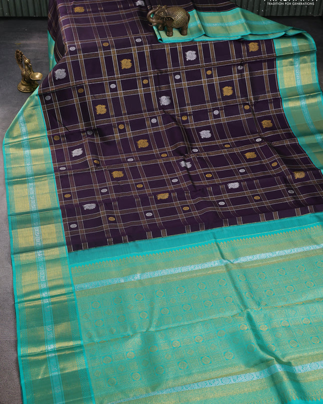 Pure kanchipuram silk saree deep jamun and teal green with allover zari checks & silver buttas and zari woven border