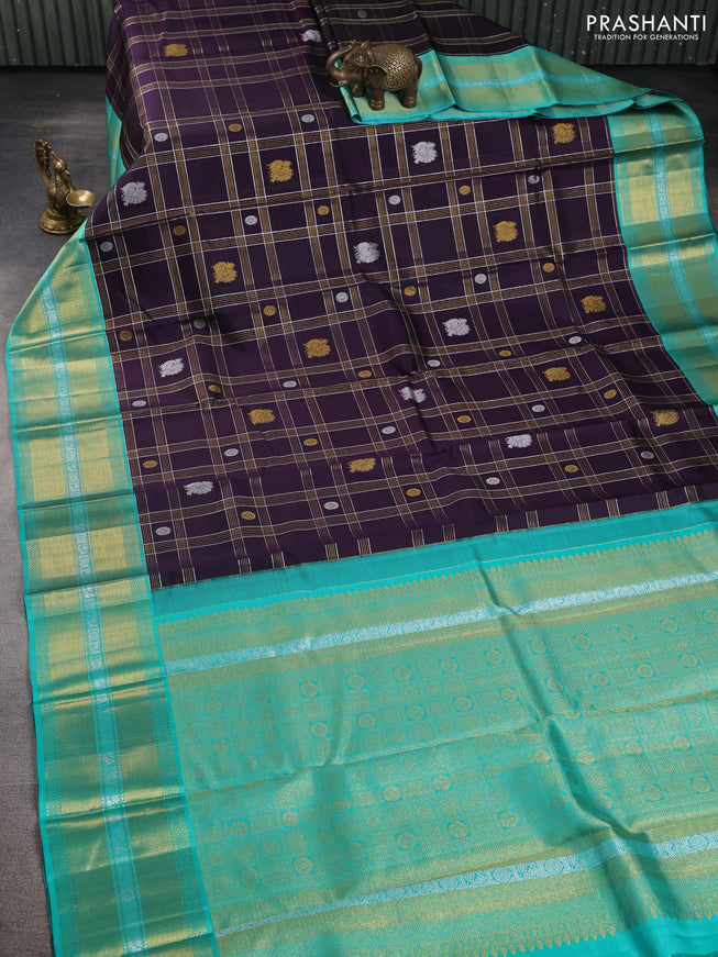 Pure kanchipuram silk saree deep jamun and teal green with allover zari checks & silver buttas and zari woven border