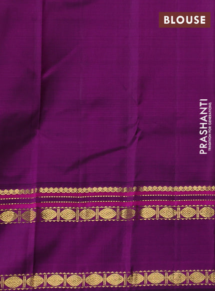 Pure kanchipuram silk saree sandal and purple with plain body and rettapet zari woven border