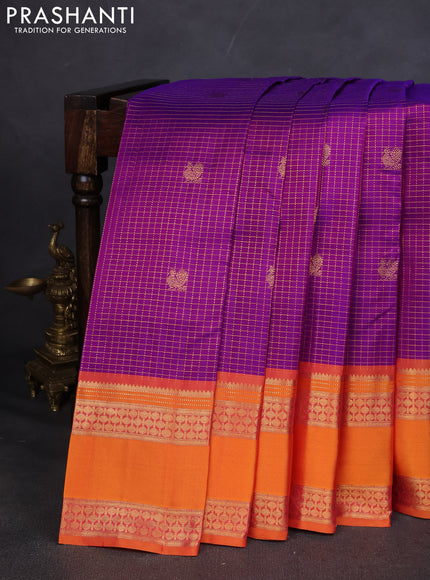 Pure kanchipuram silk saree purple and mustard yellow with allover zari checked pattern and rettapet zari woven border