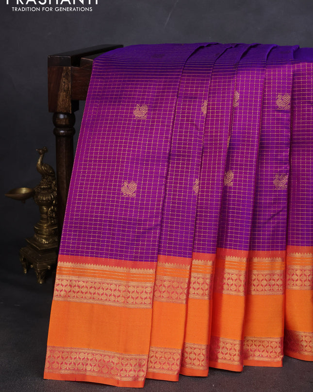 Pure kanchipuram silk saree purple and mustard yellow with allover zari checked pattern and rettapet zari woven border